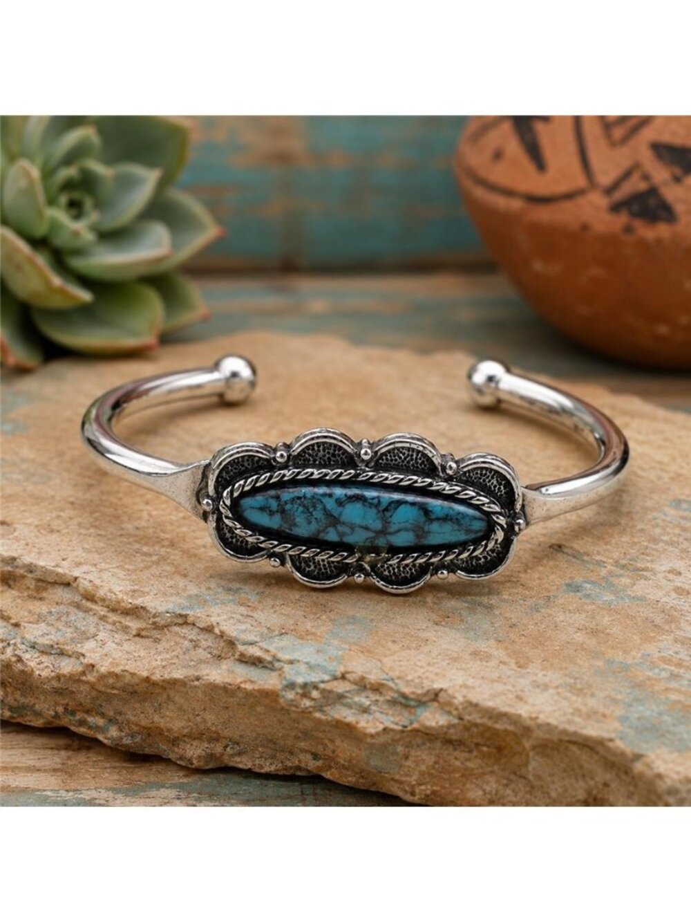 Emmons Faux Turquoise Silver Tone Open Cuff Bracelet Southwestern Vintage 6.5"